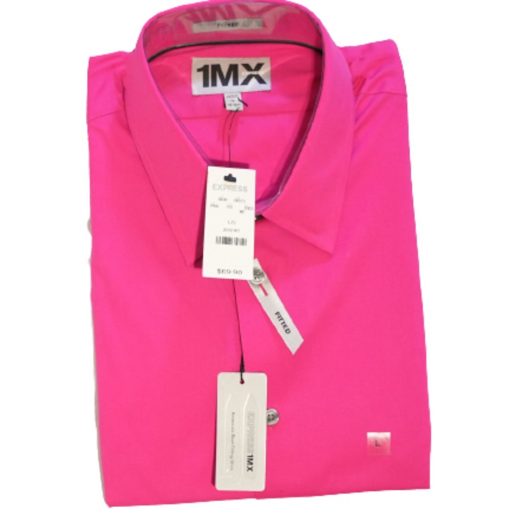 Express 1MX Mens Fitted Long Sleeve Cotton Solid Slim Dress Shirt Large Pink NEW